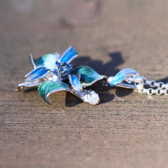 Teal Blue Green Orchid Flower Enamel Pendant Sterling Silver 925 - Picture 10 of 10